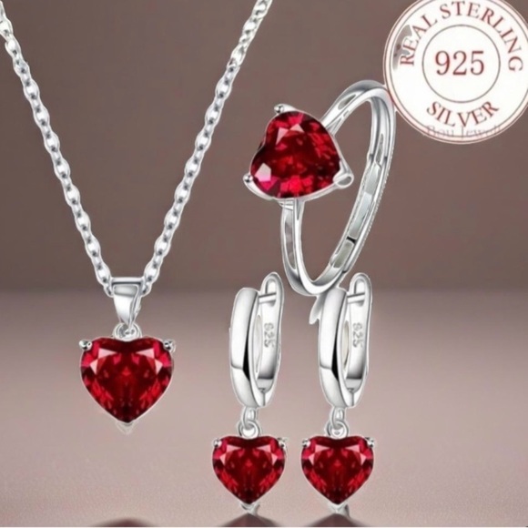 Sterling Silver 925 Red Heart Necklace, Earrings and Ring Set NWT - Picture 10 of 10